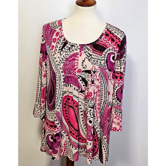Susan Graver Pink Paisley Popover Blouse with Flare Sleeves - Women's Size M - Picture 1 of 7